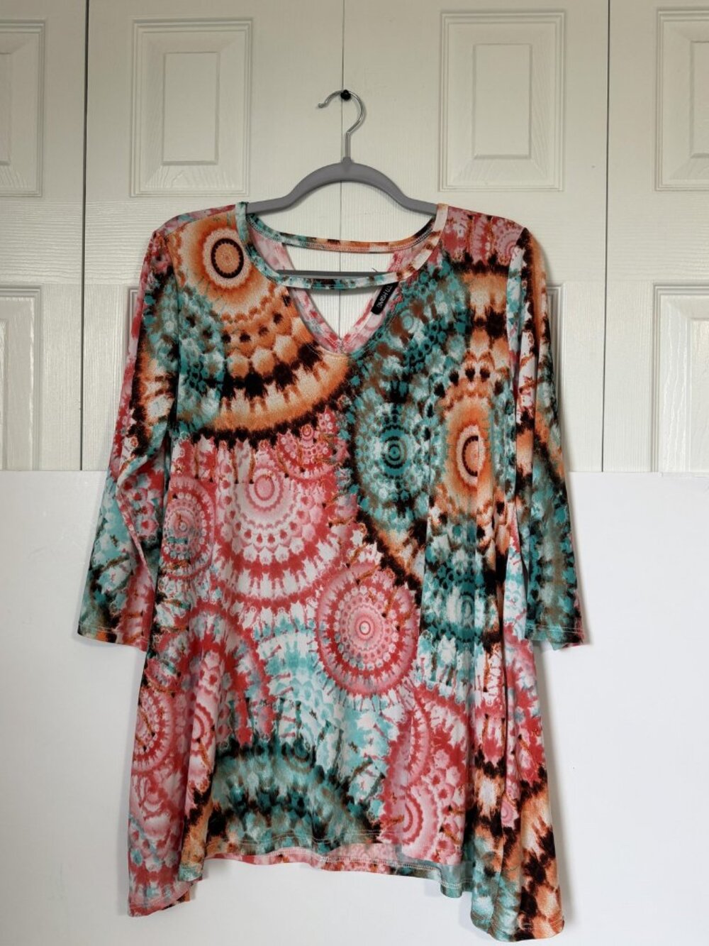 HEIMISH U.S.A Top Womens XL Multicolor Tie Dye 3/4 Sleeve Tunic Boho Print
